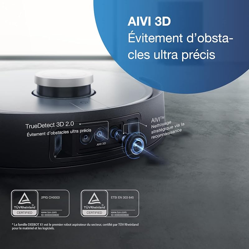 DEEBOT X1+ Robot aspirateur Laveur + Station de vidage Automatique (3,2L), Puissance d'aspiration 5000pa, évitement d'obstacles, cartographie 3D, Batterie 5200 mAh, Assistant Vocal, Tapis