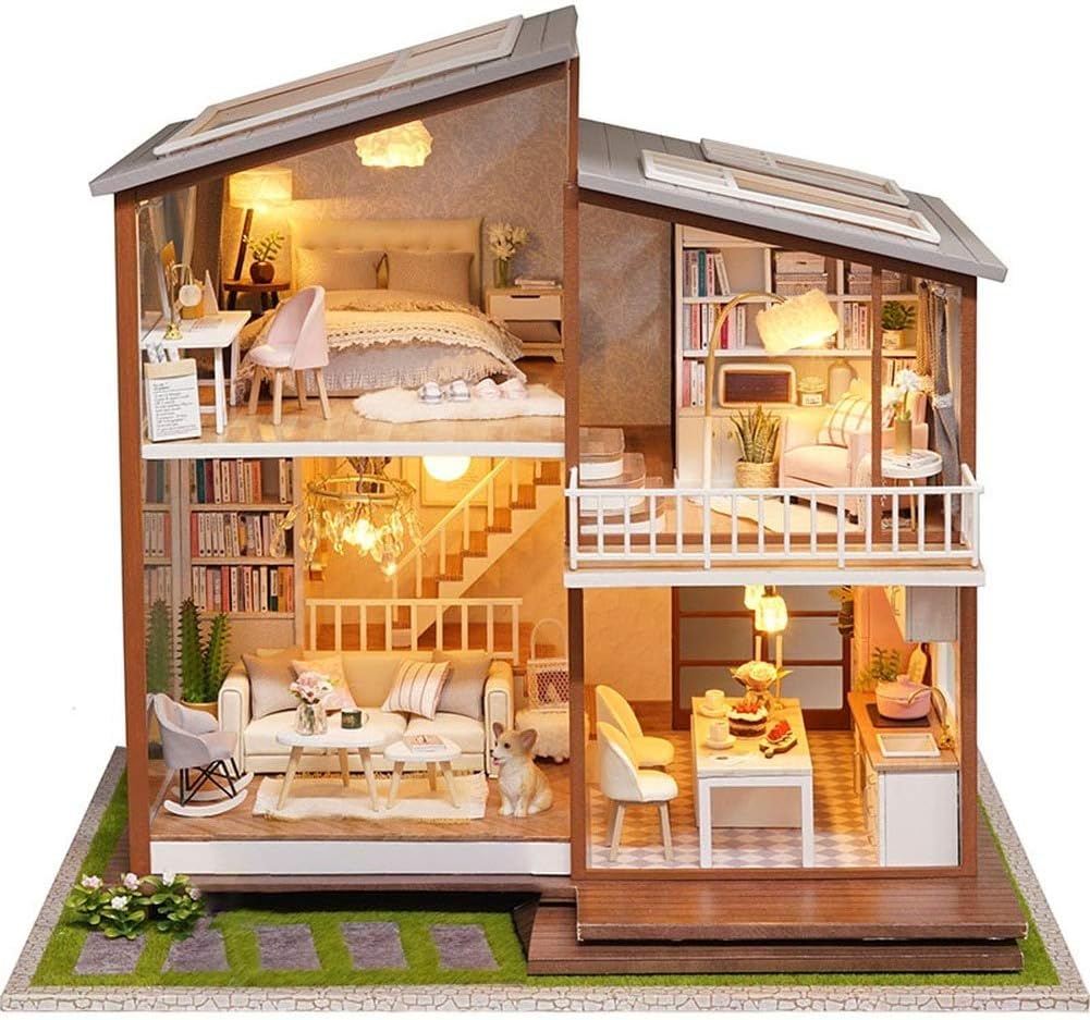 Dyujn Wooden DIY Dollhouse Mini Handmade Kit Doll House Miniature with LED Light Creative Furniture Handcraft Decoration House for Girls Kids?No Transparent Box (9#)