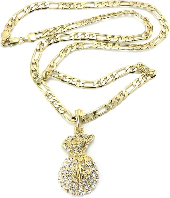 NYFASHION101 Rhinestone Money Bag Pendant w/ 5mm 24" Figaro