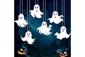 SEWRUNG 6 Pcs Hanging Ghost Halloween Decorations Outdoor - Flying Plastic Ghosts Outside Decor - 6 Glow in Dark Eyes for Hanging in The Tree, Porch, Yard, Lawn, Indoor