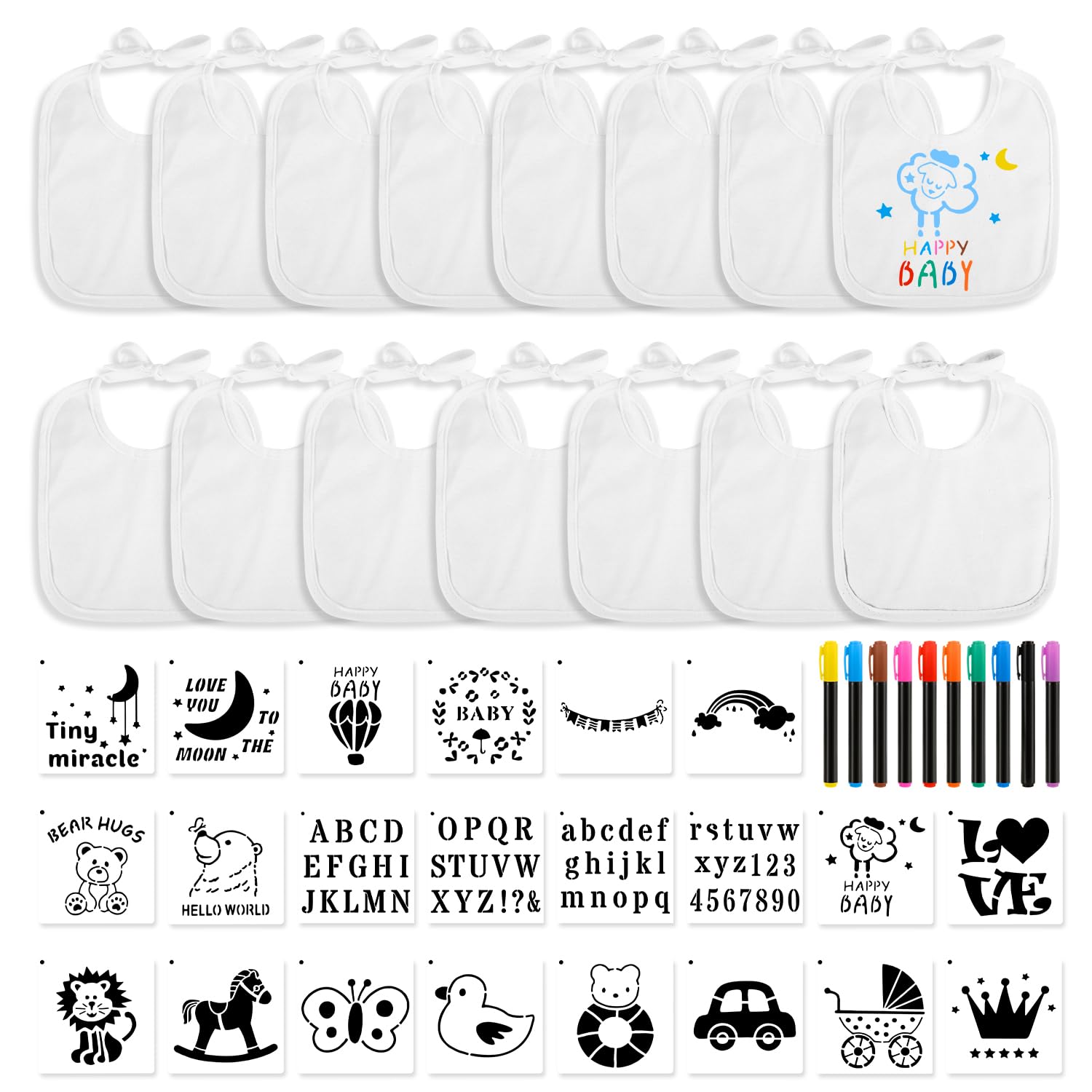 47 Pcs DIY Baby for Bibs Decoration Set, Including 15 Pieces White Baby for Bibs to Decorate, 22 Pieces 2 Sizes Baby Stencils for Painting, 10 Pieces Fabric Markers, Blank Design