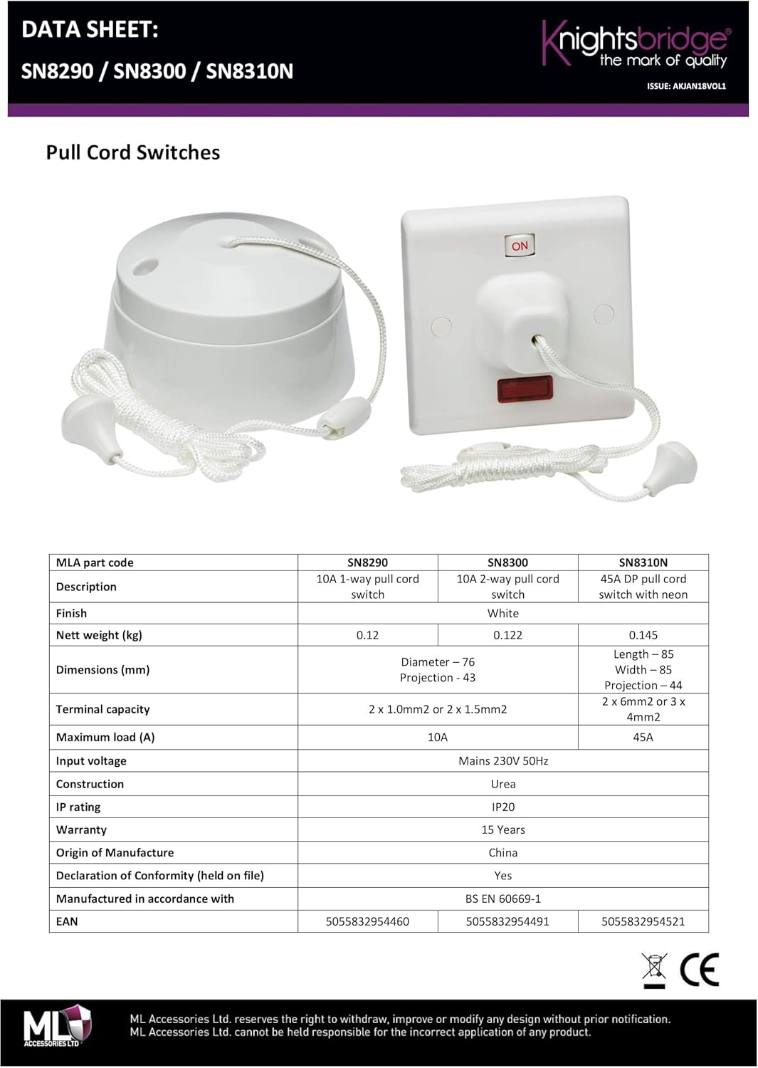 Knightsbridge SN8290 1-Way Pull Cord Switch, 10A white 1W, 1 Way 10A - Image 3