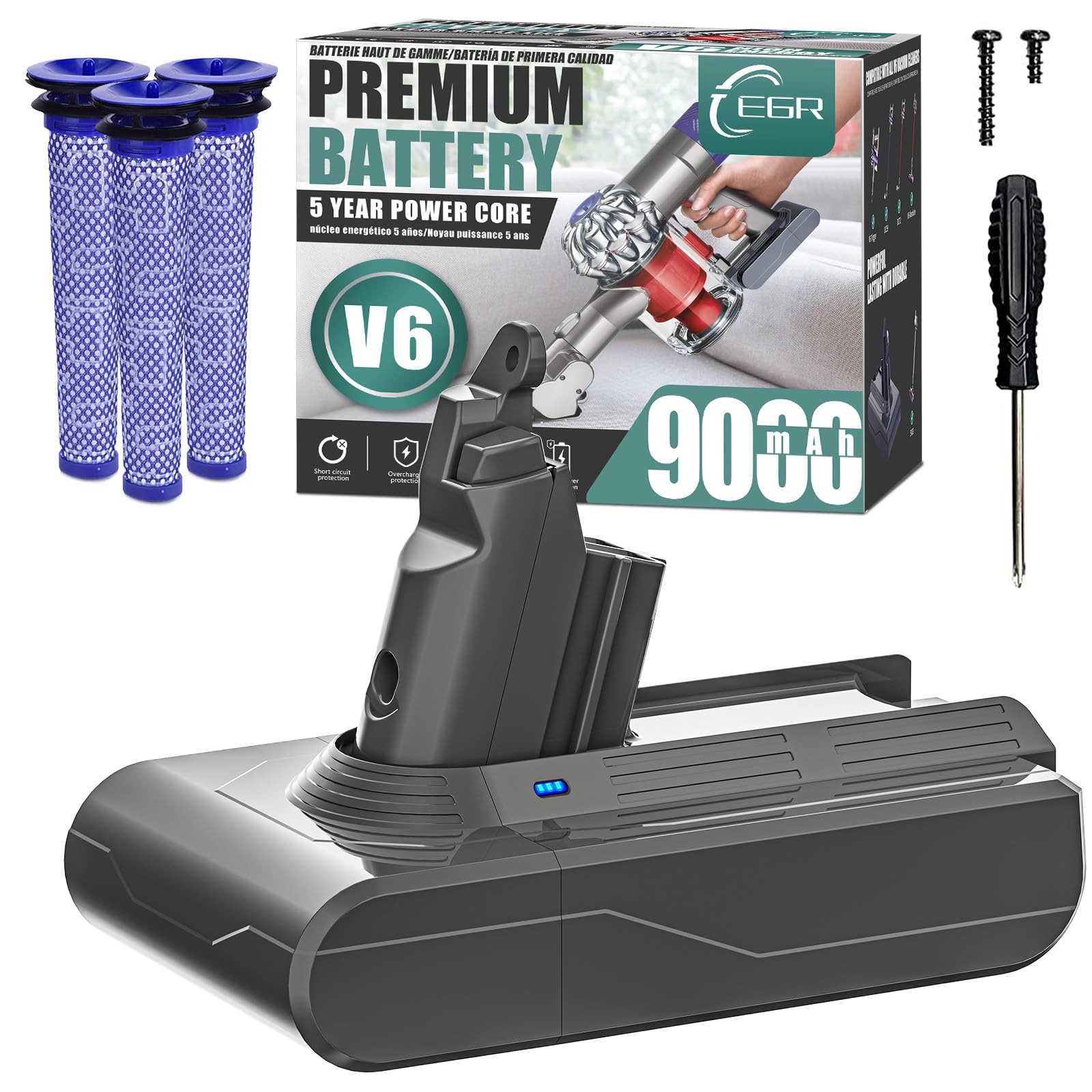 EGR Premium 9000mAh V6 Battery Replacement Compatible with Dyson V6 Animal/Absolute/Motorhead/Fluffy SV03 SV04 SV05 SV06 SV07 SV09 DC58 DC59 DC61 DC62 DC72 DC74 Vacuum Cleaner(Not Fit V7, V8) Image