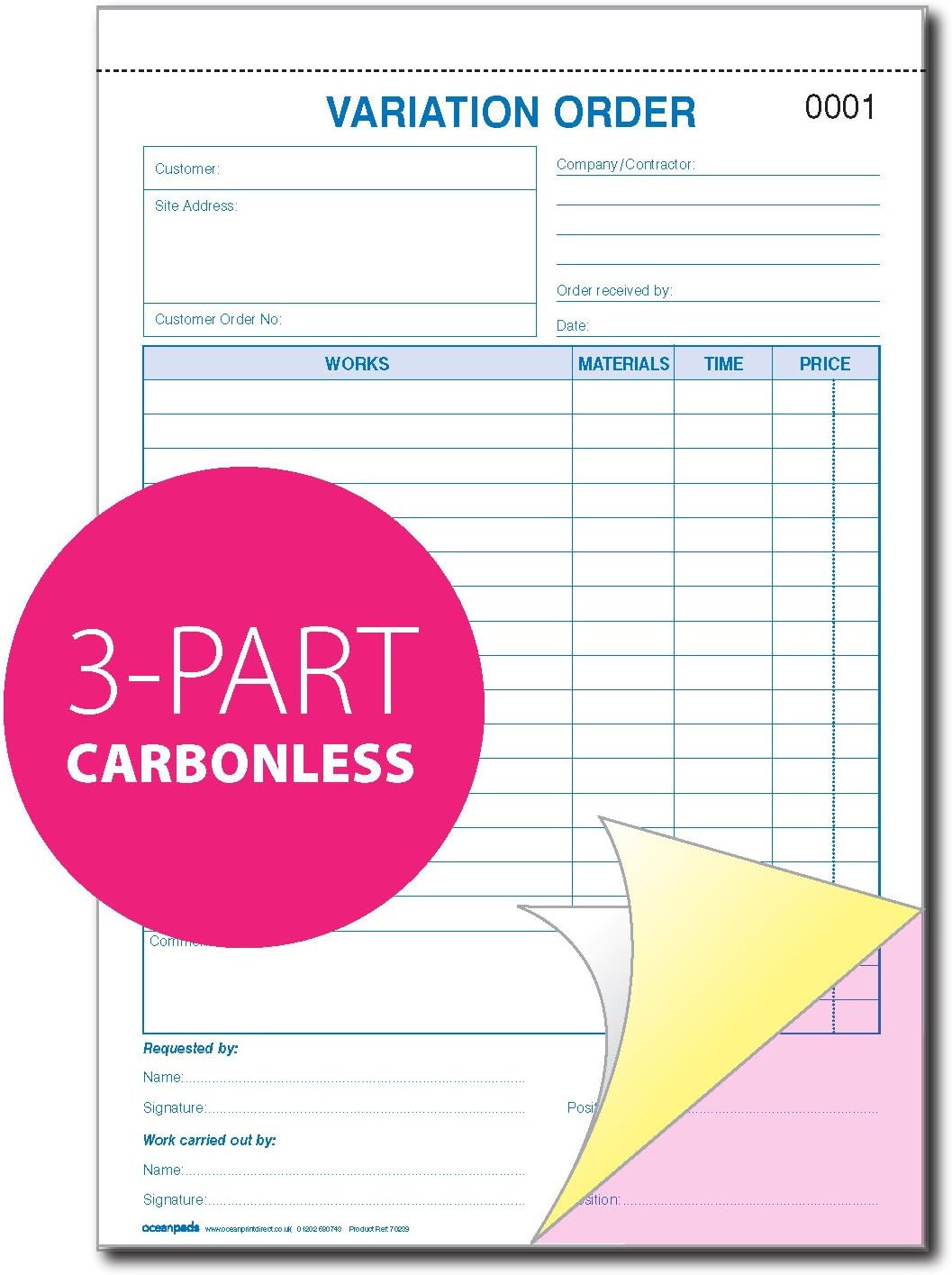 Variation of Order Book for Project Alterations, Ideal for Builders Plumbers, Carpenters
