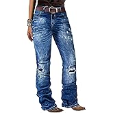 Flamingals Women's Retro Mid Rise Bootcut Flare Jeans Distressed Stitch Stretch Denim Pants Without Belt