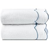 laoyuandamai 2 Pcs 100% Cotton Bath Towels for Bathroom，27 * 54 Inch Scalloped Bath Towels Embroidered Decorative 500 GSM Soft Absorbent Bath Towel for Bathroom Hotel Spa Sport Yoga (Blue) (Blue)