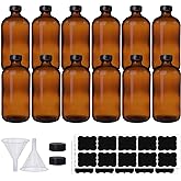HWASHIN 12 Pack 16 oz Amber Boston Round Glass Bottles with Black Caps for Secondary Kombucha Fermentation and Lab Chemicals (2 Funnels and 20 Pieces Black Chalkboard Labels Included)