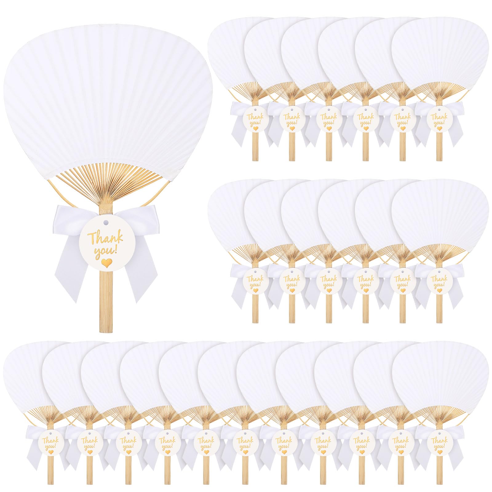 Photo 1 of Geelin 24 Set Wedding Fans for Guests with Bow Thank You Card White Paddle Fan Decorative Japanese Chinese Hand Fan for Wedding Bridal Shower Party Favors