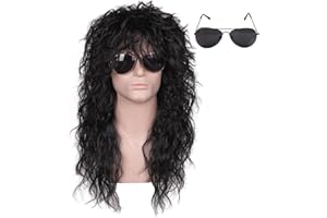 FantaLook 80s Wig with SunGlass for Men Black Curly Cosplay Wig for Halloween