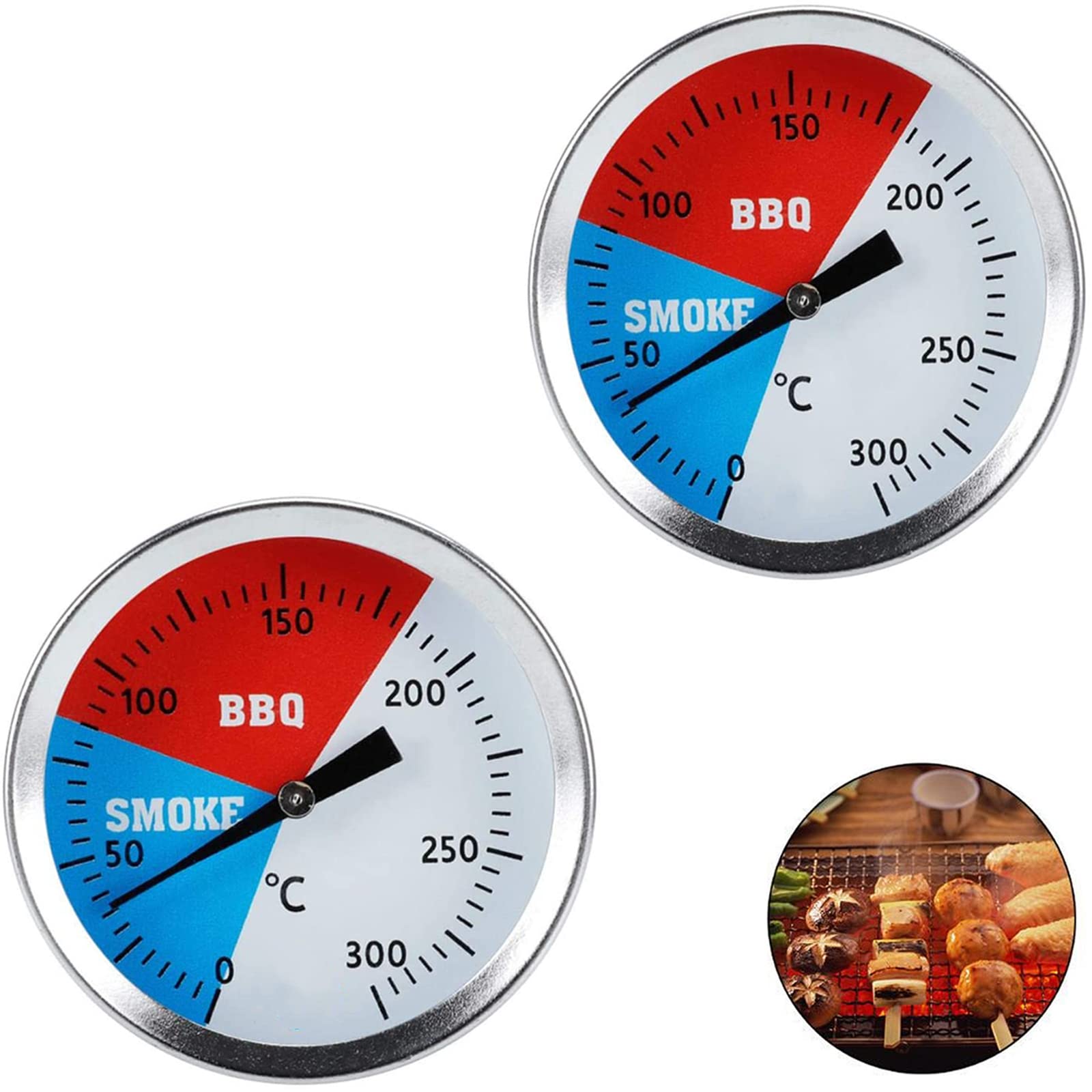 Guador 2pcs BBQ Grill Temperature Gauge, Analog, Stainless Steel, Up to 300°C, Silver, Adult, Outdoor, Classic Style, High Accuracy, Reusable, No Batteries Required
