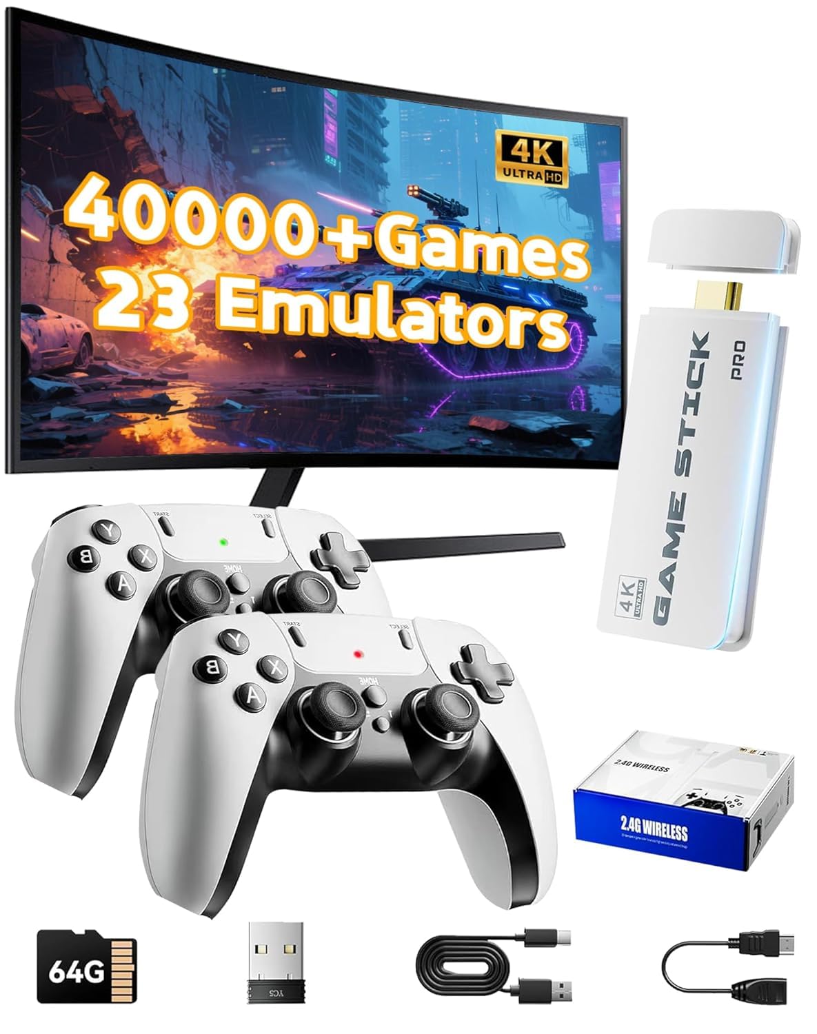 Photo 1 of 2026 Upgraded Retro Gaming Console, 40,000+ Retro Game Stick, 23 Emulators, 4K HD HDMI TV Game Stick, Built-in Classic Video Games, Plug & Play Game Console TV with 2 Wireless Controllers (Off White)