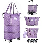 Drvoon Expandable foldable duffel bag suitcase, detachable rolling wheels,carry-on large duffel bag,luggage bag,suit gym,camping,travel or business trip,Gift for wife and parents-Checkerboard(PURPLE)