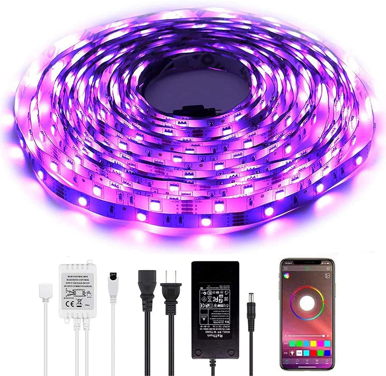 YIJUYX LED Strips Lights 32.8Ft 10M RGB SMD 5050 Flexible Color Changing Light Kit with Bluetooth Phone App Control, Music Sync Light Strip for Home Decoration, 12V 5A Power Supply