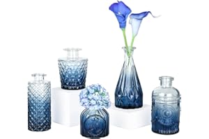 TBWIND Glass Bud Vase Set of 5, Small Blue Flower Vases for Centerpieces in Bulk, Mini Vintage Vase for Wedding Decor, Single Flowers, and Home Table Décor