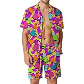 Arssm Mens 2 Pieces Vintage Shirts and Shorts Set 80s 90s Outfit Button Down Beach Suit Quick Dry for Vintage Halloween Party