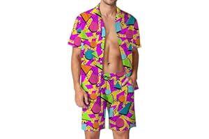 Arssm Mens 80s 2 Pieces Outfits Vintage Shirts and Shorts Set Disco Beach Outfit Retro Active Tracksuits for 80s 90s Party