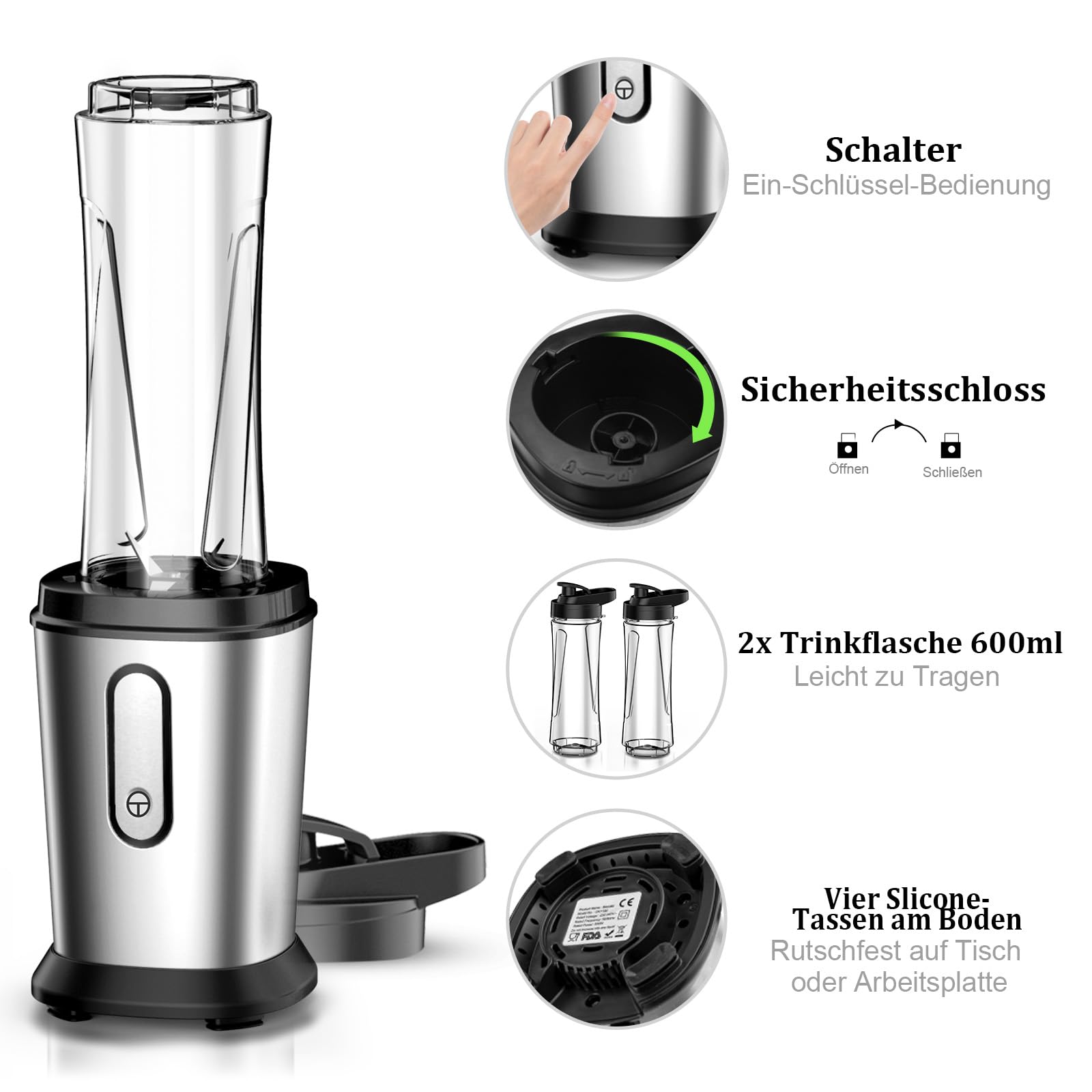 Mixer, 500W Mini Standmixer & Smoothie Maker mit 2x600ml Flaschen BPA frei Tritan, Tragbarer Mixer Smoothie Maker aus Edelstahl 4-Blatt für Shake, Smoothie, Silber 6