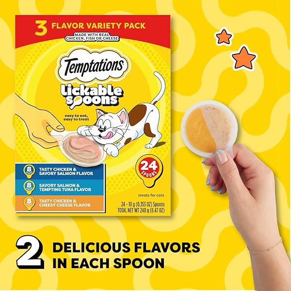 TEMPTATIONS LICKABLE SPOONS ADULT WET CAT TREAT, 10 GRAMS, VARIETY PACK OF 24