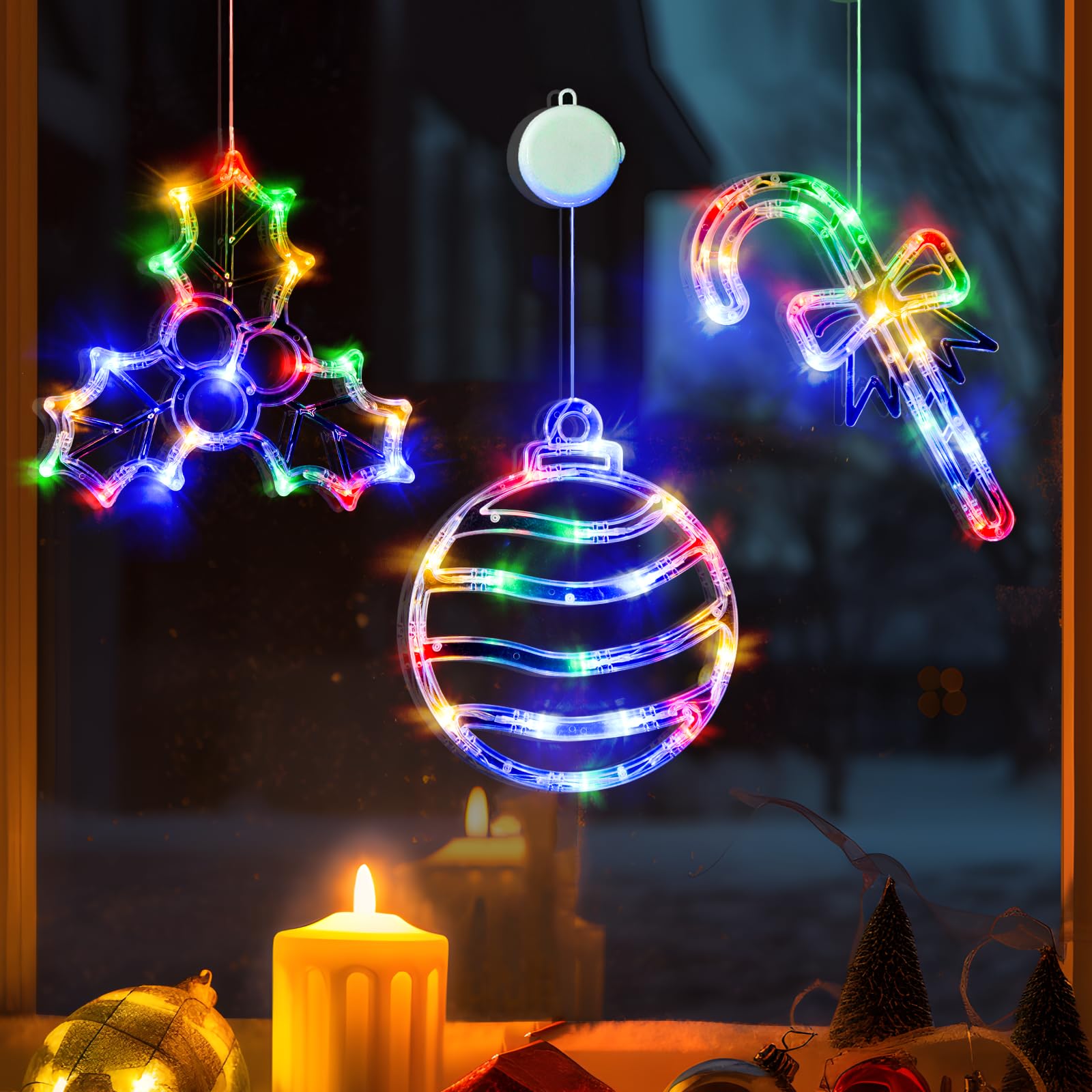 Photo 1 of LOLStar Christmas Window Lights, 3 Pack Multicolor Christmas Ball, Holly Berry, Candy Cane Lights with Suction Cup, Timer Function and Slow Fade Mode Battery Operated Lights for Christmas Decoration