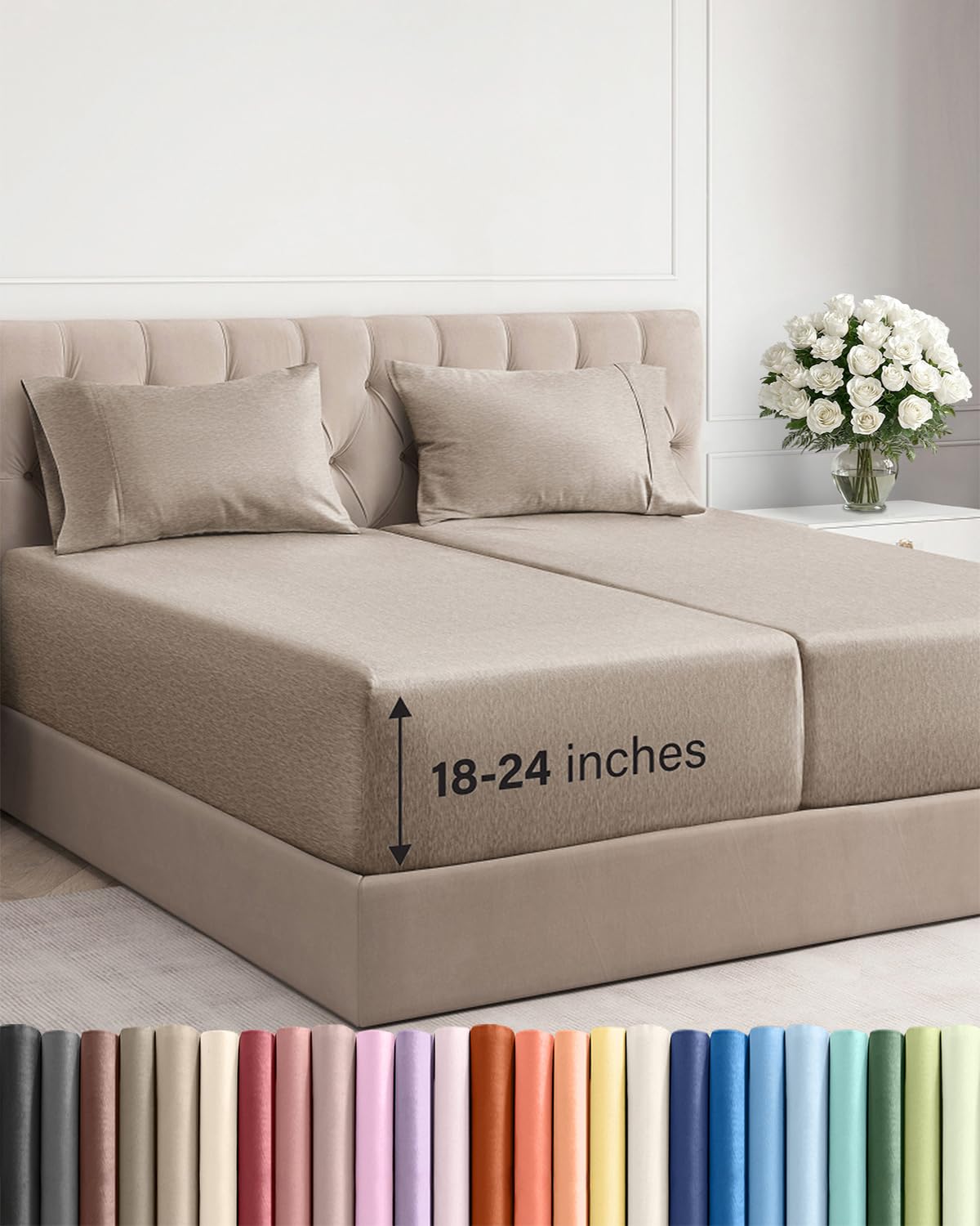 Photo 1 of *Microfiber material* Extra Deep Pocket Split King Sheets - 5 Piece Breathable & Cooling Bed Sheets - Hotel Luxury Bed Sheet Set - Soft, Wrinkle Free & Comfy - Easily Fits Extra Deep Mattresses - Heathered Beige Sheets Set