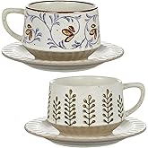 LemonRoad 2 Sets Vintage Tea Cup and Saucers Christmas Tea Cups and Saucers 10oz Ceramic Vintage Floral Coffee Mugs for Christmas Birthday Gift Coffee (Leaves and Tang Grass Design)