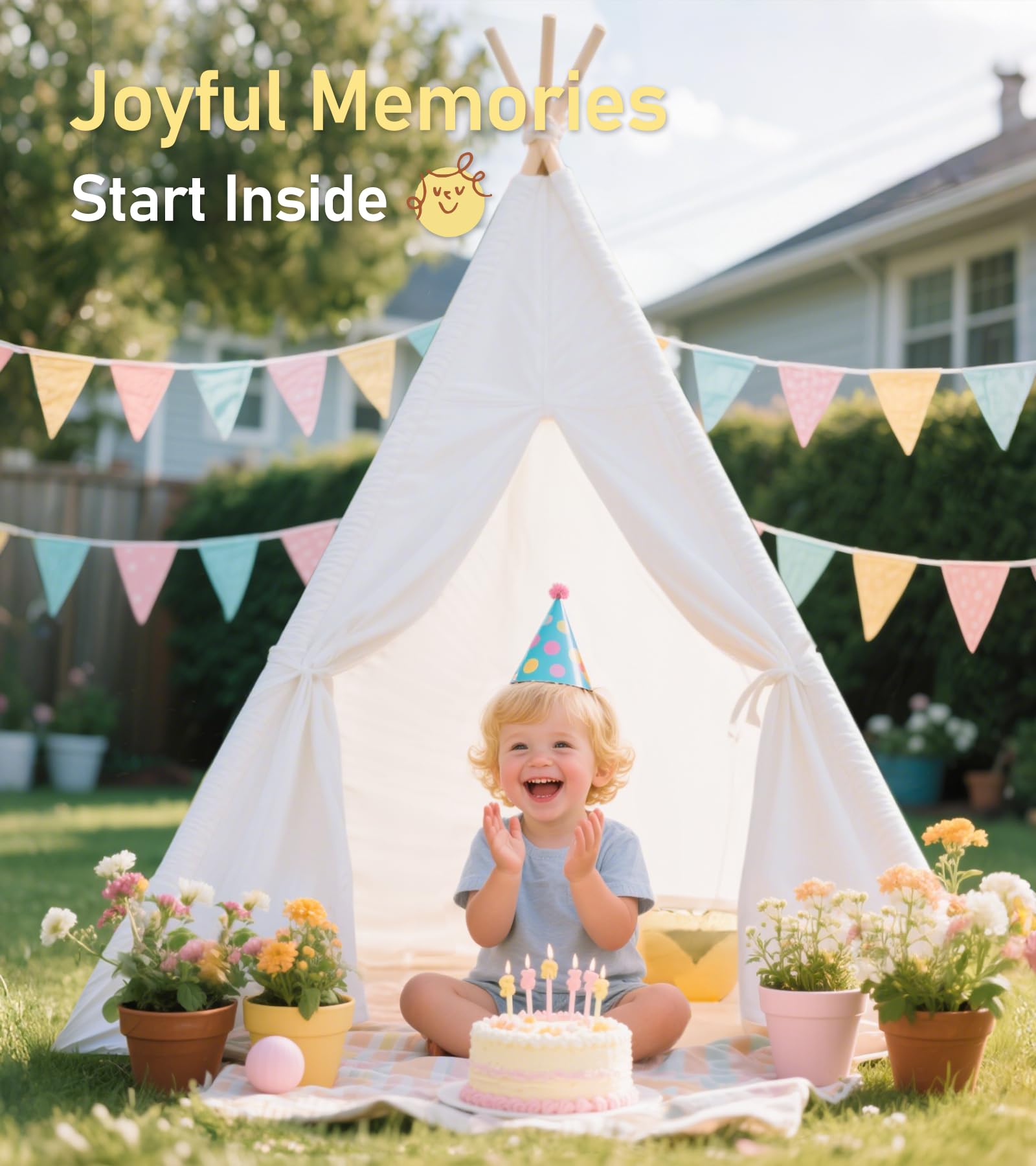 little dove Teepee Tent for Kids Foldable Teepee Play Tent with Carry Case, Banner, Fairy Lights, Olives Branches, Four Poles Style Raw White Color - New Version Tiny House