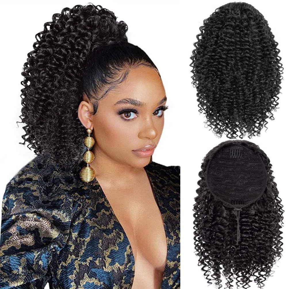 Afro Kinky Curly Ponytail for Women Drawstring Ponytail Synthetic Hair Extension Afro Drawstring Curly Pony tail with Clip in Hairpiece (1B#, 12 inches) — image 1