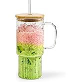 Oroklis 32oz Ribbed Glass Cup with Handle Lid and Straw, Borosilicate Glass Tumblers, Iced Coffee Cups Modern Glass Mug Hot/Cold Drinks for Smoothies, Tea, and Juice (clear-1 Pack-Bamboo Lid)