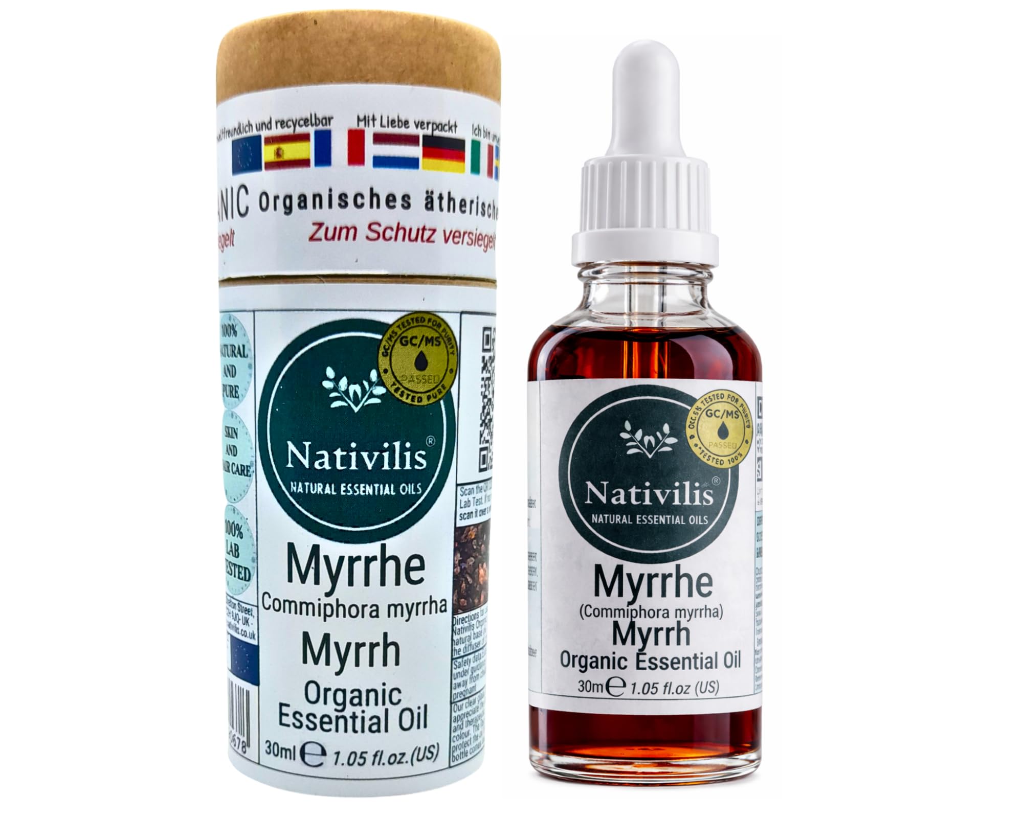 Nativilis Organic Myrrh Essential Oil Commiphora myrrha Powerful Antioxidant Anti-Ageing Good for Wounds, Athlete's Foot, Cracked Skin and Hair Astringent Properties - Copaiba Aromatherapy
