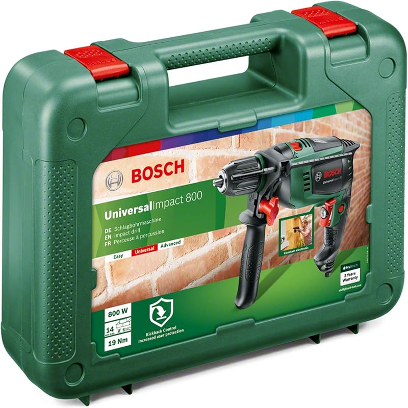 Perceuse à percussion Bosch – UniversalImpact 800 (livrée dans un carton avec 1 butée de profondeur et 1 poignée supplémentaire) Electric (wired), Green