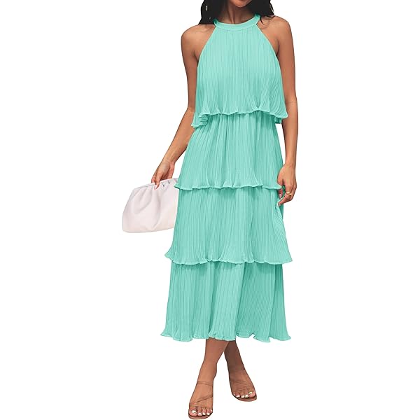 Wenrine Women's Smocked Waist Maxi Dress - Color Block A-Line Summer Dress, Casual Flowy Midi