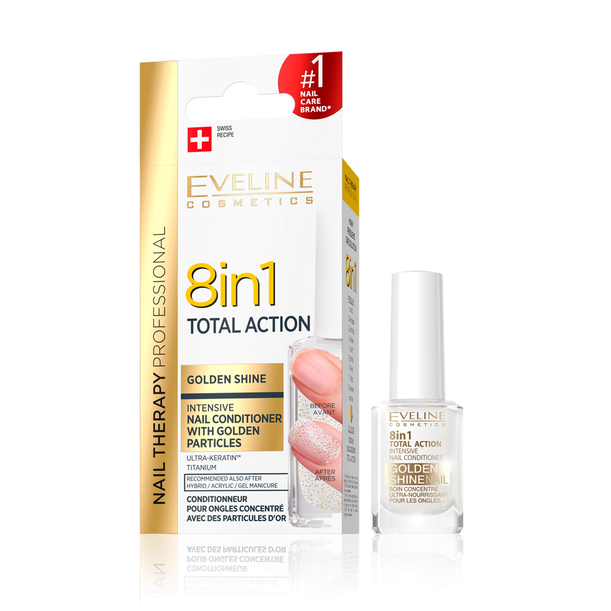 Eveline Cosmetics 8in1 Total Action Concentrated Nail Serum Conditioner + Strengthener + Hardener with Golden Particles | 12 ml | Repair Treatment | Easy Application | Shimmery Effect