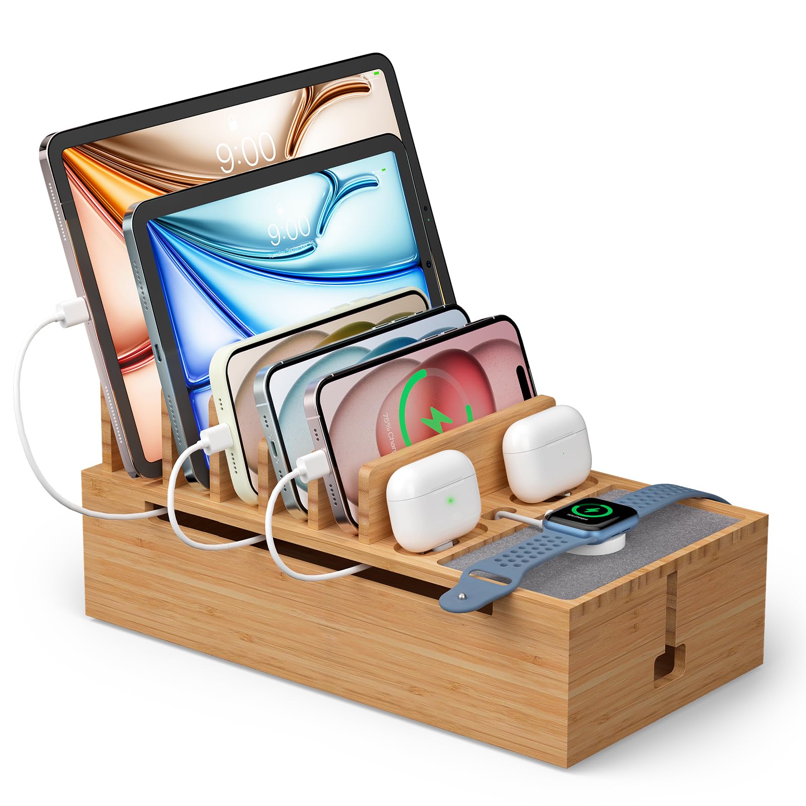 Photo 1 of Pezin & Hulin Bamboo Charging Stand Rack, Wooden Charge Box for Mobile Phones, Tablets, Smart Watch and Earbuds, Wire Cable Organizer Box, Bedside Dock Stand Holder (NO Power Adapter Supply) -Natural