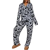 REORIA Funny Halloween Pajamas Women Button Up 2 Piece Pajama Set Sleepwear