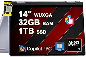 Dell Inspiron 14 7445 2-in-1 Laptop 14" WUXGA Comfortview Touch AMD 6-core Ryzen 5 8640HS (>i7-1355U) 32GB DDR5 1TB SSD Backlit for Designer Business Professional Work Win11Pro ICP Hub Copilot AI