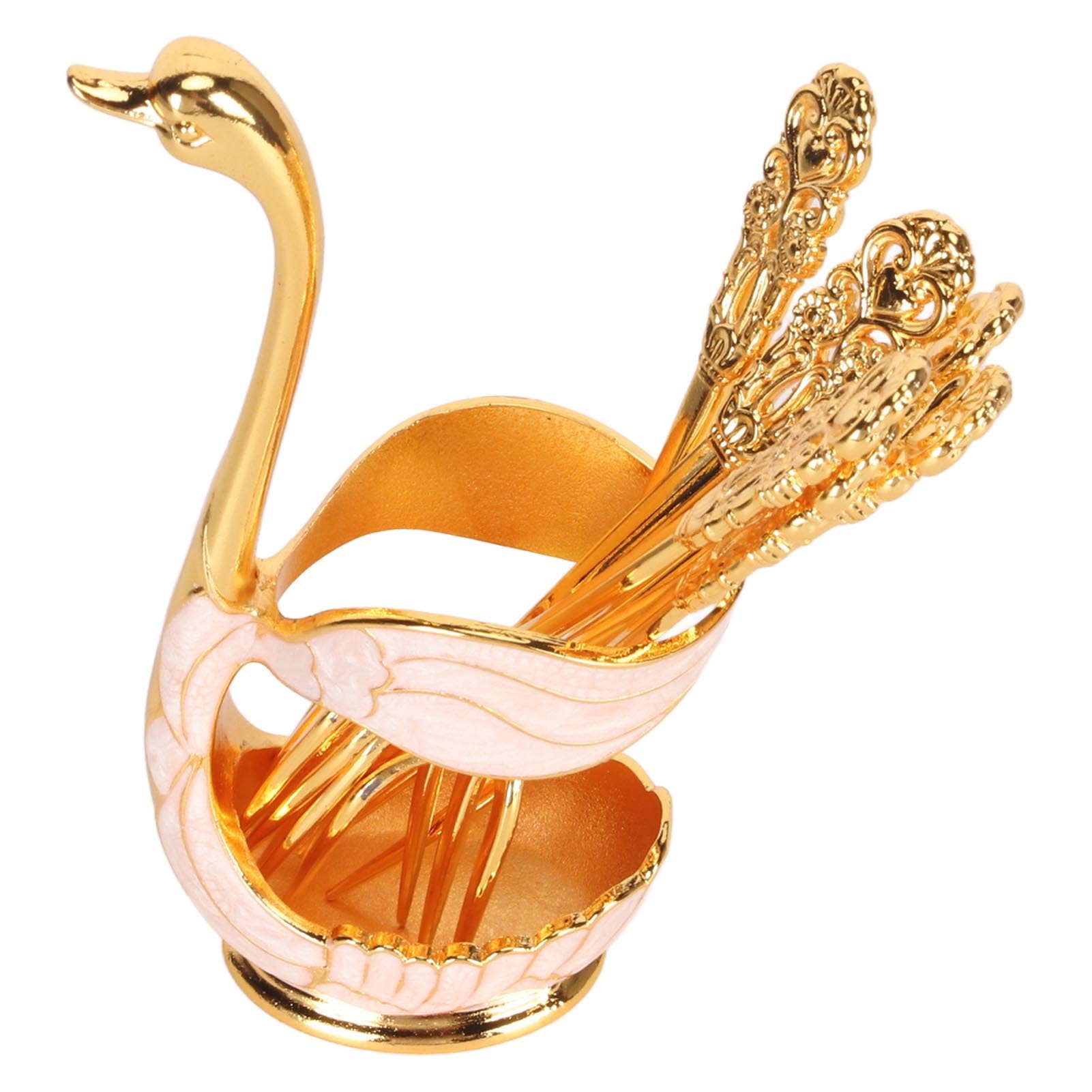 6pcs Dinnerware Set,Metal Coffee Dessert Spoon Set Fruit Dessert Fork Cake Coffee Spoon Fruit Fork Set with Base Holder Coffee Dessert Spoon Set Swan Base Spoon Set for Dessert