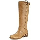 MICIFA Yellow Knee High Boots for Women Side-Lace Round Toe Chunky Heel Leather Campus Riding Tall Boots Fashion Wide Calf Motorcycle Biker Boot