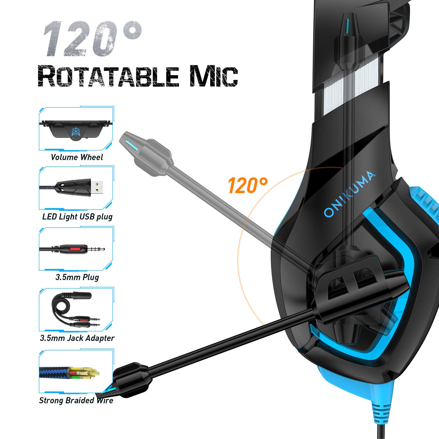 Gaming Headset with Stereo Sound Noise Cancelling Mic Over Ear Headphones for New Xbox One PC Mac OS PS4 Table Phone (K1B-Blue)