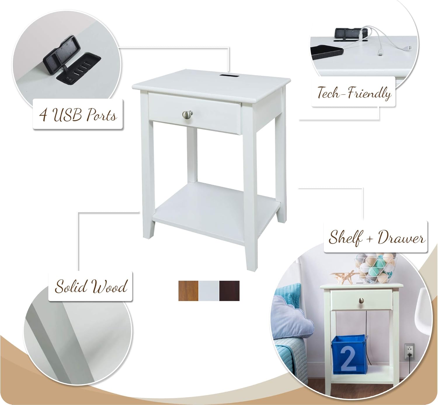 Casual Home Night Owl Nightstand with USB Ports-Espresso: Furniture & Decor