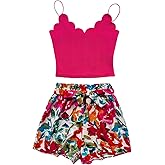 SOLY HUX Women's 2 Piece Summer Vacation Outfits Floral Print Cami Crop Tops and Tie Front Shorts Set