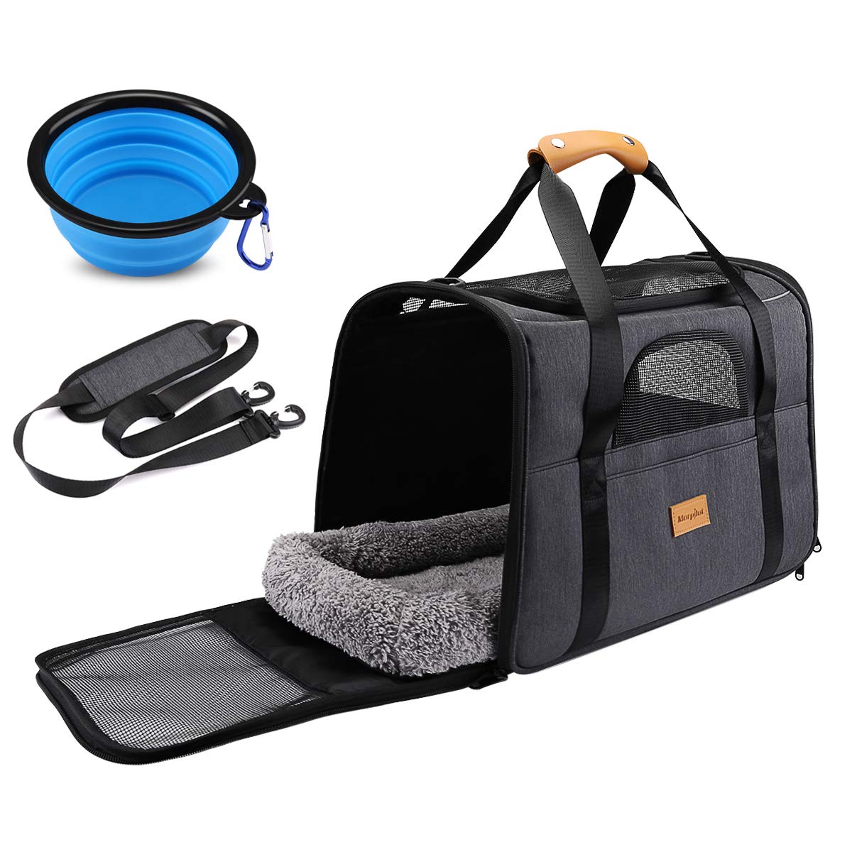 Morpilot Cat Carrier - Airline Approved, Top Opening Portable Dog Bag with Breathable Mesh/Removable Mat, Adjustable Shoulder Strap & Bowl, Foldable Travel Cage, M, Dark Grey (Max 7kg)