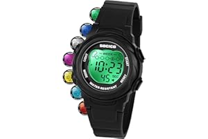 SOCICO Kids Digital Watches for Girls Boys, 5ATM Waterproof, 7 Color Lights Waterproof Watches for Kid with Alarm Stopwatch, Soft Band Wrist Watch Christmas Gifts for Kids Ages 5-12