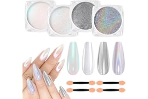 SIUSIO 4Colors Chrome Nail Powder Magic White Pearl Kit Mirror Effect Silver Metallic Holographic Dip Powder For Resin Craft Nail Art Decoration Iridescent Aurora Mermaid Pigment-Holographic Galaxy