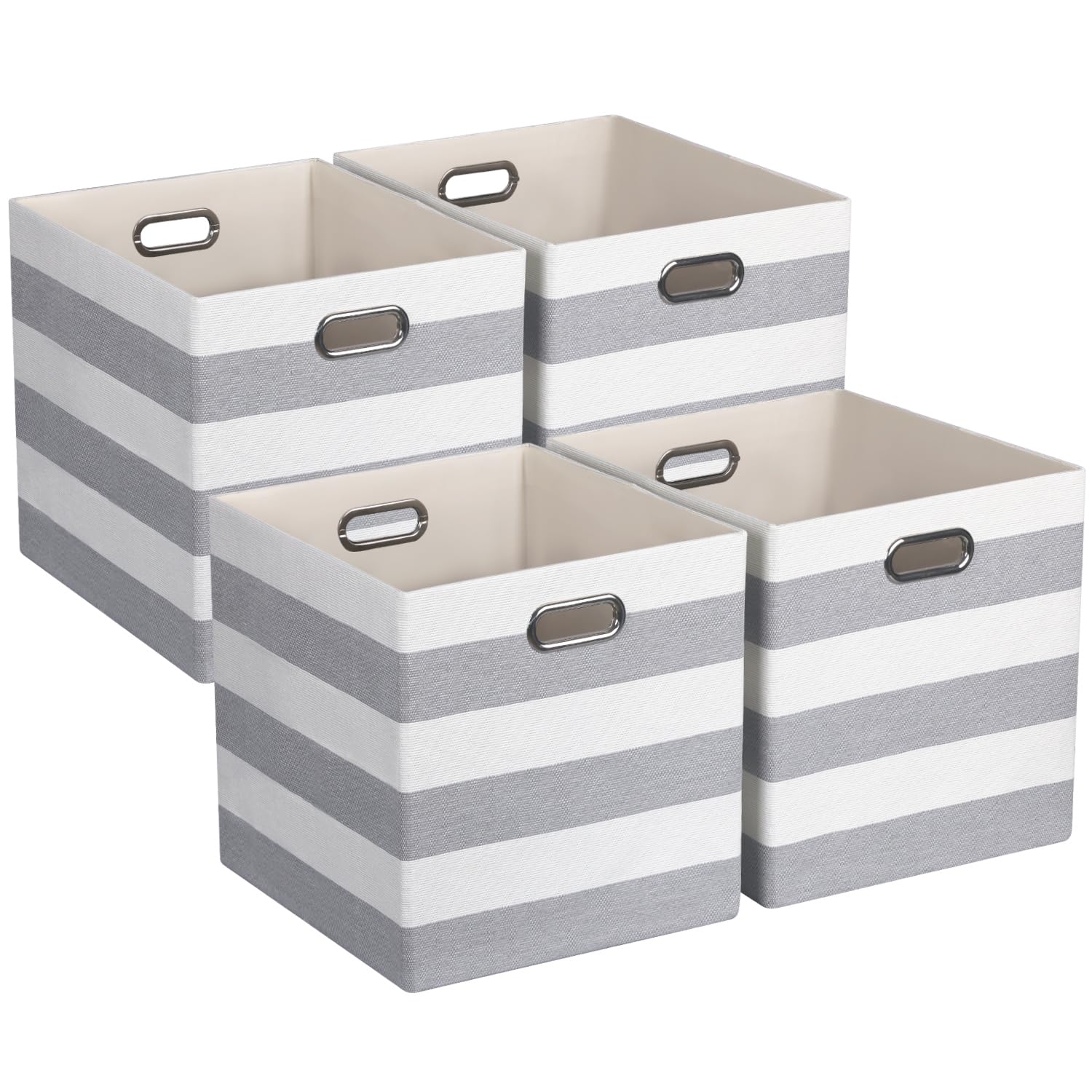 ORGMASTER Collapsible Fabric Storage Cubes, Cubby Storage Organizer Bins Striped Container Baskets for Home Office Wardrobe Closet Shelf, 4 Pack, 28 x 28 x 28 cm, Gray/White