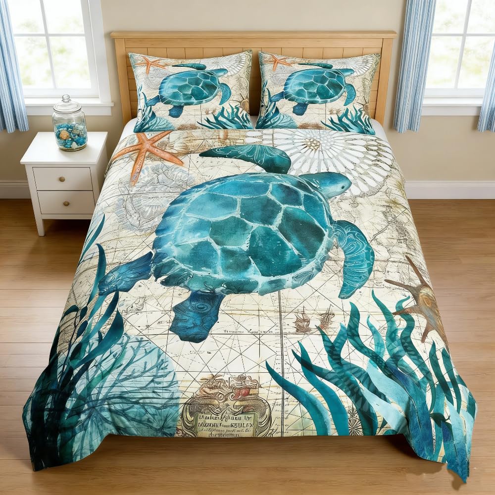 Loussiesd Double Duvet Cover Set Turtle Sea Animal Pattern Quilt Cover Set 3D Print Lightweight Soft Microfiber Kids Ocean World Bedding Sets with Zipper Closure 3 Piece (200x200cm) — image 1