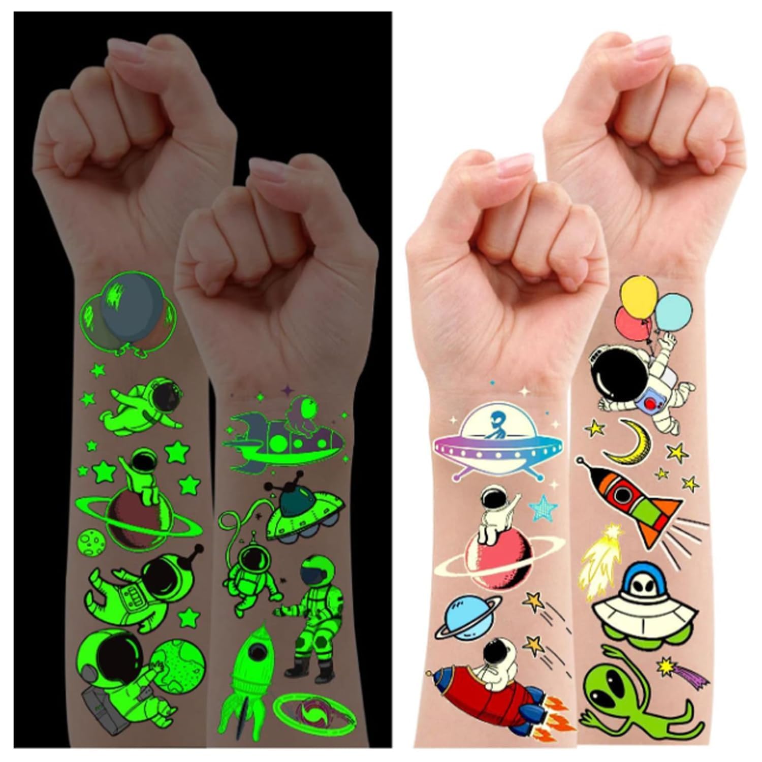 Leesgel Luminous Temporary Tattoos for Kids, Space Theme Glow Party Decorations for Boys Girls, Birthday Party Supplies Favors Toys Goodie Bag Fillers Games Prizes for Children-(10 sheets)