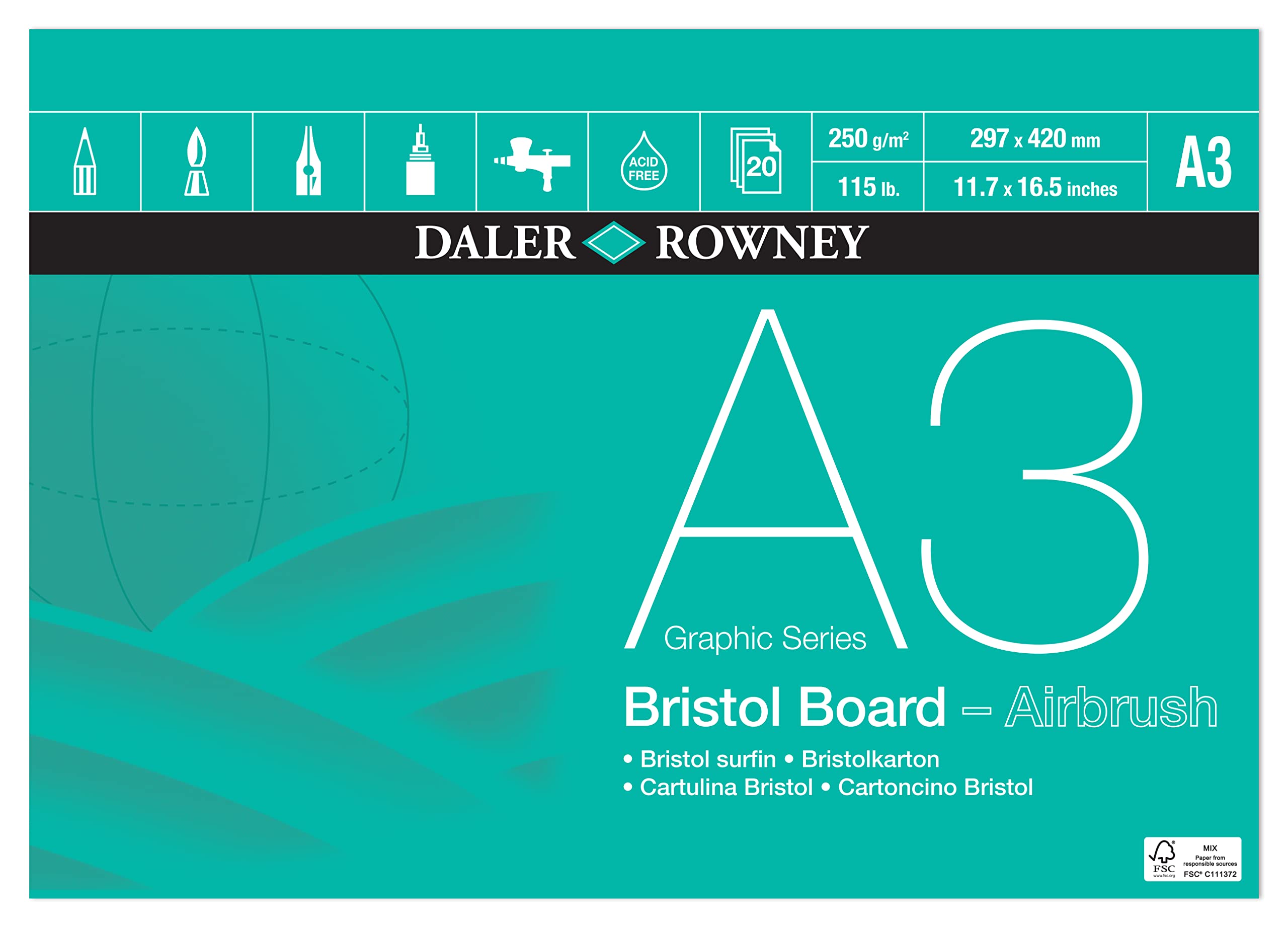 Daler-Rowney Graphic Series Smooth Surface 250gsm A3 Bristol Board Pad, Glued 1 Sid, Acid-free, 20 White Sheets, Ideal for Professional Artists & Students