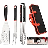 CuCut BBQ Tools Set, 4 PCS Heavy Duty Stainless Steel Spatula, Fork, Tongs with Portable Bag, Essential Accessories for Barbecue Outdoor Grill, Grilling Gifts for Men Dad Camp Chef