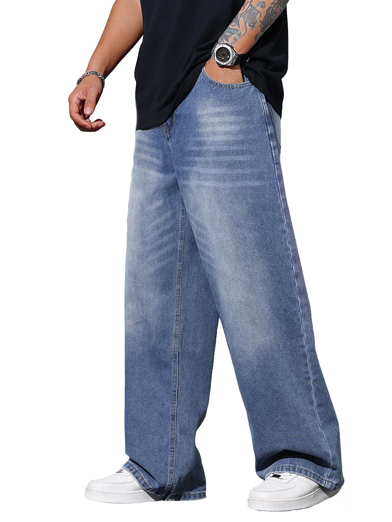 thumbnail image 2 of Men's Baggy Skateboard Jeans Y2K Wide Leg Hip Hop Rapper Streetwear Pants - Dark Wash, Size M 2 of 5