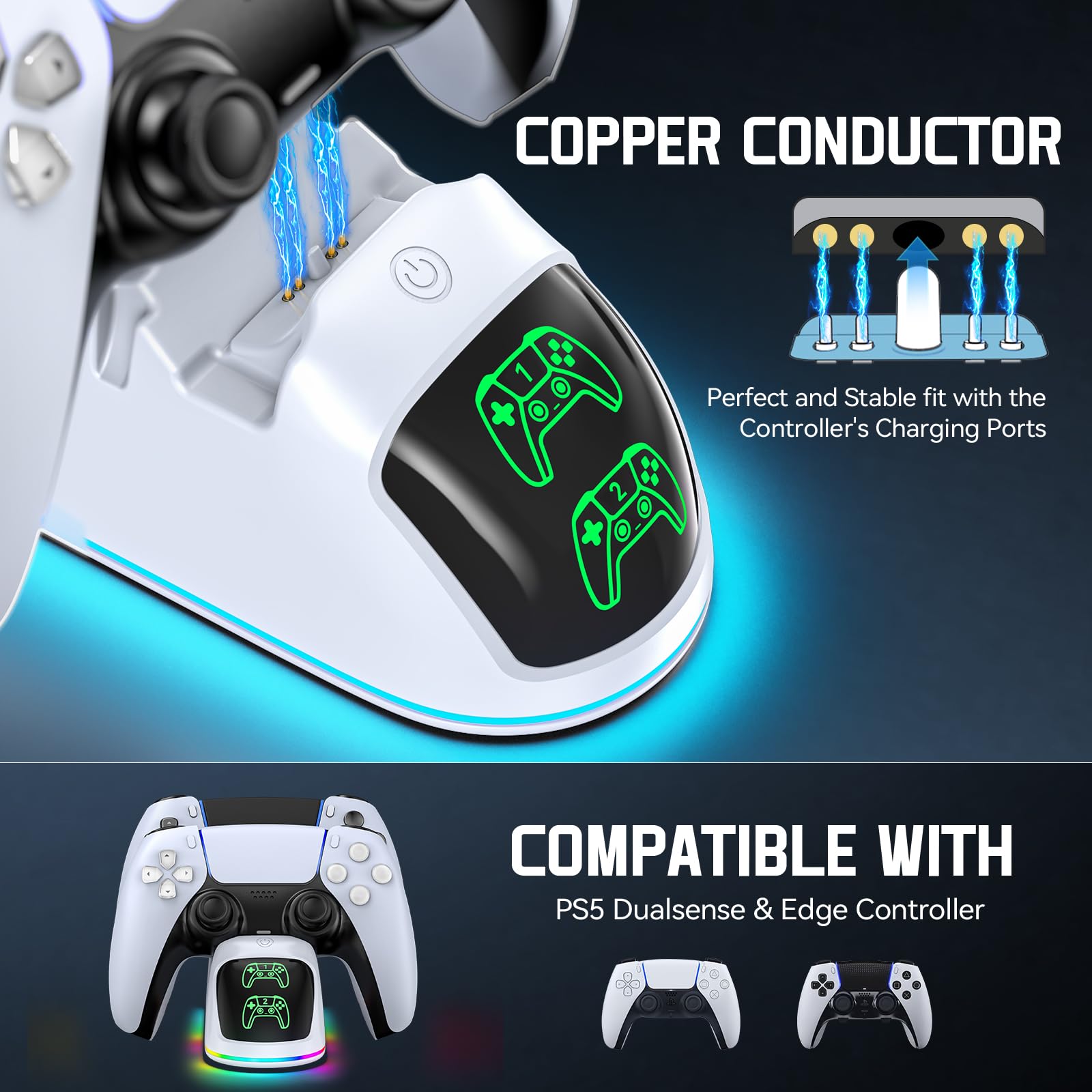 RGB PS5 Ladestation, 2St. Schnelles PS5 Ladegerät für PS5 Original & Edge Controller, mit LED Anzeigen & 9 RGB Beleuchtung, PS5 Controller Ladestation für PlayStation 5 Zubehör, Weiß 5